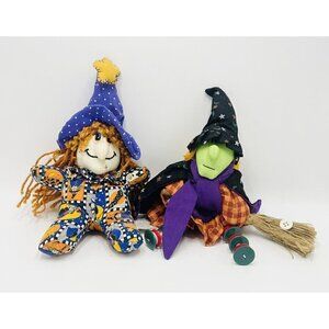 2 Rag Doll Witches Halloween Decor Quilted Dolls Vintage Beaded Decor Stuffed